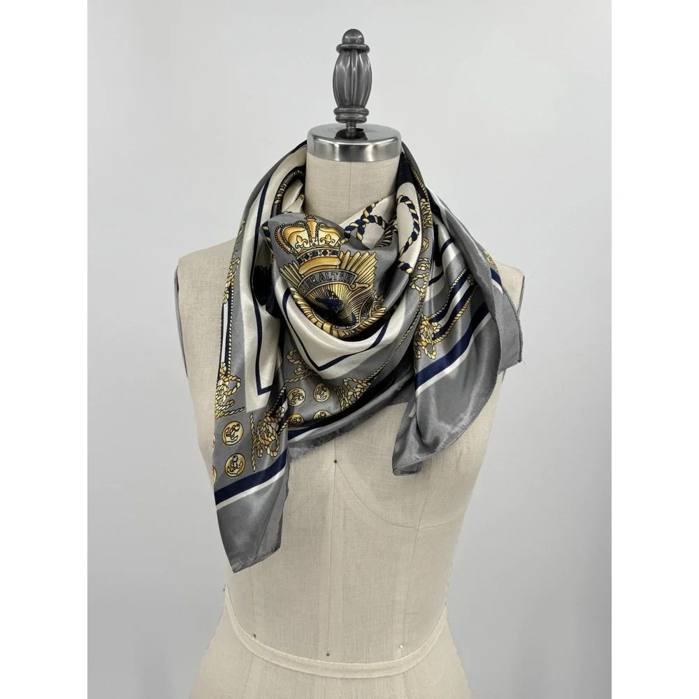 Vintage Nautical Chain Anchor Tassel Satin Scarf Gray Blue Gold Square 34x34